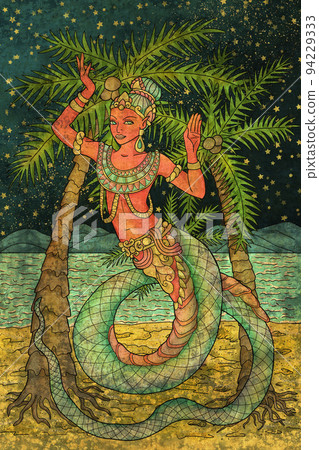 Colorful fantasy textured illustration with Thailand demon and mythology creature as mermaid against palms and seashore at night Colorful fantasy textured illustration with Thailand demon and mythology creature as mermaid against palms and seashore at night 94229333