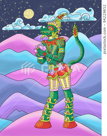Colorful fantasy illustration with Thailand demon against beautiful mountain landscape at moon night 94229652