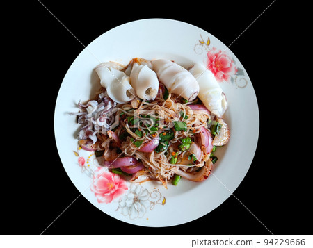 Rice Vermicelli Noodles squid Spicy Salad on black background with clipping path 94229666