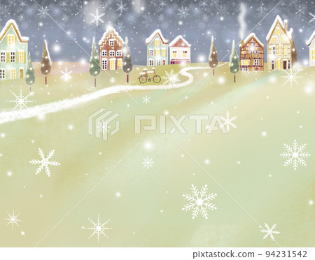 Scandinavian style retro winter cityscape with gentle colors and silver world frame illustration wallpaper material at night with glittering snowflakes 94231542
