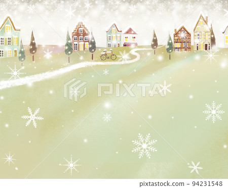 Scandinavian style with gentle colors Frame illustration wallpaper material with fashionable winter cityscape and glittering snowflakes 94231548