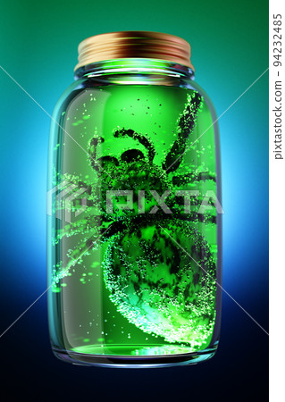 Closeup spider in jar with green liquid. Closeup spider in jar with green liquid. 94232485