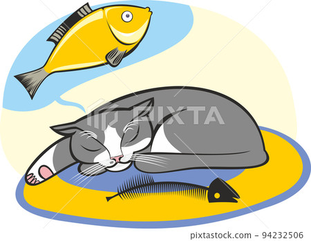 a cat dreaming about fish vector illustration a cat dreaming about fish vector illustration 94232506