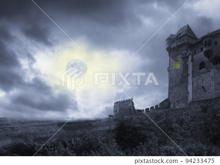 Apocalyptic scenery with road, old towers and moon 94233475