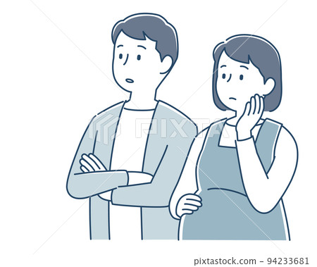 Thinking pregnant woman and husband couple Thinking pregnant woman and husband couple 94233681