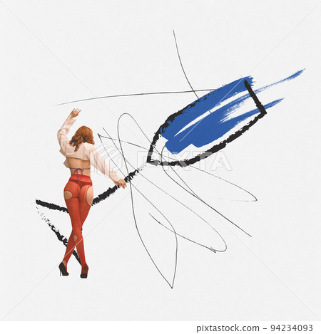 Conceptual design. Young girl in ripped red tights walkign with champagne flute. Party time, drinking addiction, escaping real life Conceptual design. Young girl in ripped red tights walkign with champagne flute. Party time, drinking addiction, escaping real life 94234093