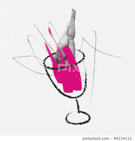 Conceptual design. Overweight woman diving into wine glass. Unhealthy lifestyle, health harm 94234112