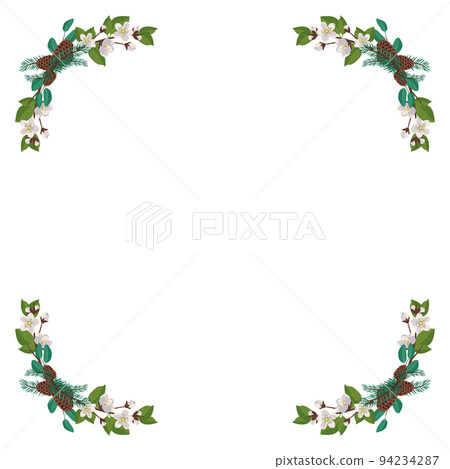 Frame of cherry or apple white flowers with spruce needles and cones. Spring flowering composition with leaves. Festive decoration for wedding, holiday and postcard. Vector flat illustration 94234287
