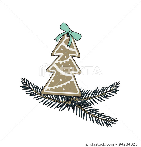 Happy New Year gingerbread with fir shaped frosting and a red bow and Christmas tree branch. Festive decorative element for design for Christmas and sweets for the holiday Happy New Year gingerbread with fir shaped frosting and a red bow and Christmas tree branch. Festive decorative element for design for Christmas and sweets for the holiday 94234323