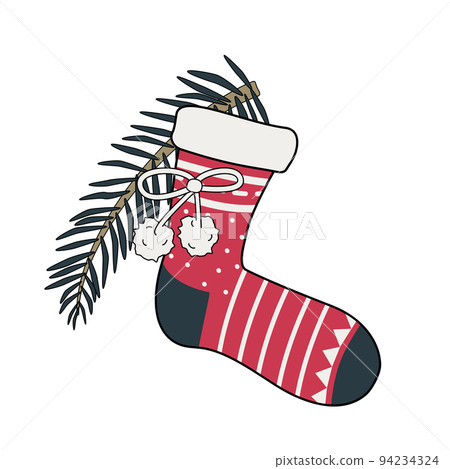 New Year sock with patterns and a Christmas tree branch. Festive decorative element for design on winter holiday New Year sock with patterns and a Christmas tree branch. Festive decorative element for design on winter holiday 94234324