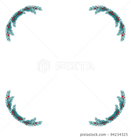 Christmas frame from fir branches and red berries for postcards and decoration. Festive ornament for New Year and winter holidays. Vector flat illustration Christmas frame from fir branches and red berries for postcards and decoration. Festive ornament for New Year and winter holidays. Vector flat illustration 94234325