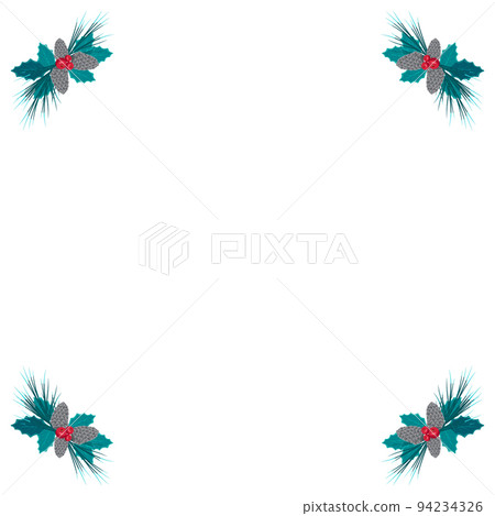 Christmas frame of fir and pine branches, blue long coniferous needles and silver cones with red berries for postcards. Festive decoration for the New Year and winter holiday. Vector flat illustration Christmas frame of fir and pine branches, blue long coniferous needles and silver cones with red berries for postcards. Festive decoration for the New Year and winter holiday. Vector flat illustration 94234326