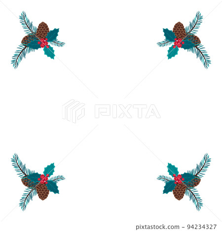 Christmas frame of blue spruce branches with cones, leaves and holly berries. Festive decoration for the New Year and interior decor. Vector flat illustration Christmas frame of blue spruce branches with cones, leaves and holly berries. Festive decoration for the New Year and interior decor. Vector flat illustration 94234327