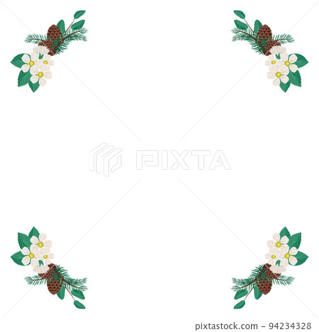 Frame of cherry or apple white flowers with spruce needles and cones. Spring flowering composition or frame with leaves. Festive decoration for wedding, holiday and postcard. Vector flat illustration Frame of cherry or apple white flowers with spruce needles and cones. Spring flowering composition or frame with leaves. Festive decoration for wedding, holiday and postcard. Vector flat illustration 94234328
