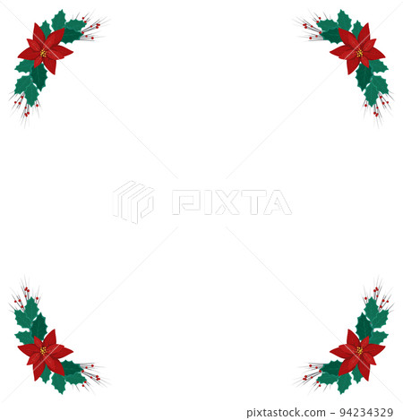 Christmas frame from branches and red poinsettia flower with holly leaf and berries for postcards. Festive decoration for New Year and winter holidays. Vector flat illustration Christmas frame from branches and red poinsettia flower with holly leaf and berries for postcards. Festive decoration for New Year and winter holidays. Vector flat illustration 94234329