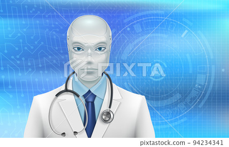Doctor robot in a medical coat and a stethoscope. 94234341