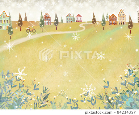 Scandinavian style with gentle colors Frame illustration wallpaper material with fashionable winter cityscape and glittering snowflakes 94234357