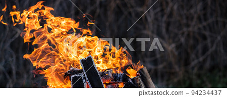 Bright orange fire from burning birch wood. Bright orange fire from burning birch wood. 94234437