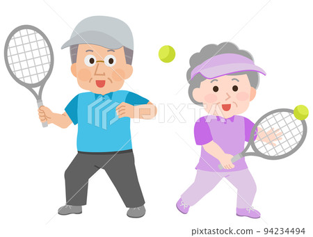 Illustration of elderly senior men and women playing tennis Illustration of elderly senior men and women playing tennis 94234494