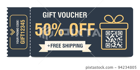 Discount coupon 50 percent off. Gift voucher with percentage marks, qr code and promo codes for website, internet ads, social media. Vector illustration 94234805