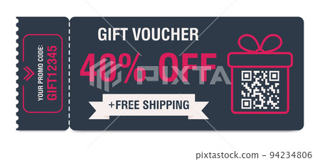 Discount coupon 40 percent off. Gift voucher with percentage marks, qr code and promo codes for website, internet ads, social media. Vector illustration 94234806