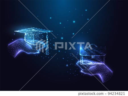 Education as a way to get a good job concept with glowing hands holding graduation cap and briefcase Education as a way to get a good job concept with glowing hands holding graduation cap and briefcase 94234821