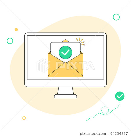 Check mark document in mail envelope. Approved email message on computer screen. Vector flat illustration Check mark document in mail envelope. Approved email message on computer screen. Vector flat illustration 94234857