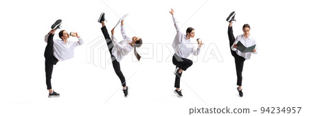 Collage. Young business woman in official clothes working, standing in different twine position isolated over white background Collage. Young business woman in official clothes working, standing in different twine position isolated over white background 94234957