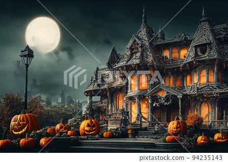 Halloween Haunted House. Pumpkins, candles, gloomy atmosphere. Neural network generated art. Digitally generated image. Not based on any actual scene or pattern.  94235143