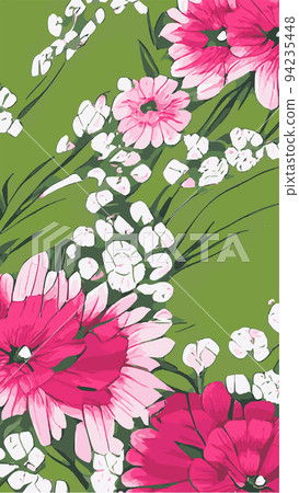 Vector bright drawing with stylized pink flowers. Cute summer background with flowers pattern. Floral pattern for fabric and paper with a spring and summer vibe. bright floral spots. Vertical Format 94235448