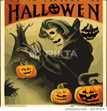 Happy Halloween Paper art banner poster in vintage style with cartoon silhouettes on blots background with realistic pumpkins. Vector illustration. in retro style. Halloween Ticket Party 94235479