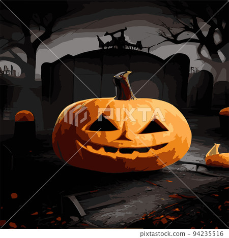 autumn vintage evil pumpkins in gloomy dark styles for halloween on the background of a cemetery and forest. Autumn holidays. EPS10 vector illustration, 94235516
