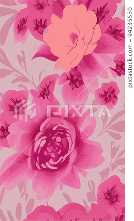 Vector bright drawing with stylized pink flowers. Cute summer background with flowers pattern. Floral pattern for fabric and paper with a spring and summer vibe. bright floral spots. Vertical Format 94235530