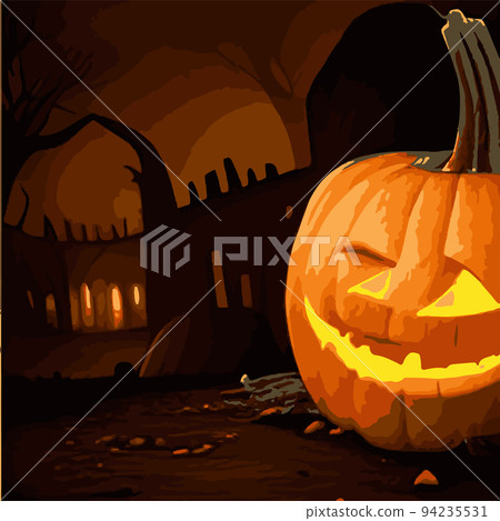 Halloween pumpkin with a scary face, evil pumpkins in a gloomy dark style for halloween on the background of a cemetery and a forest. Autumn holidays. Vector illustration EPS10, pumpkin background 94235531