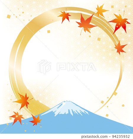 秋葉、富士山和金毛筆的圓形框架 秋葉、富士山和金毛筆的圓形框架 94235932