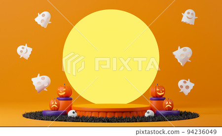 3d rendering Halloween day podium illustration. Empty stand for product display with Jack O Lantern, skull, ghost and moon. 3d rendering Halloween day podium illustration. Empty stand for product display with Jack O Lantern, skull, ghost and moon. 94236049