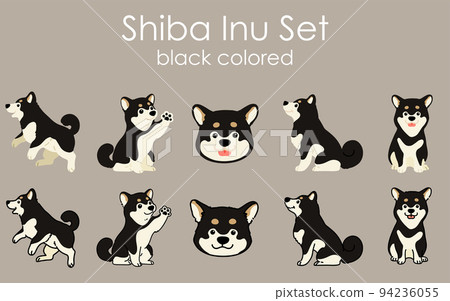 Simple and cute black Shiba Inu illustration set with/without main line 94236055