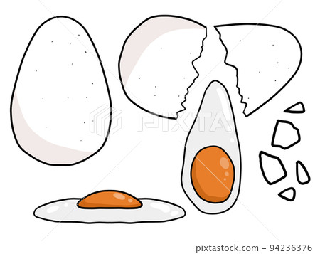 Illustration of eggs and cracked eggs and their contents Illustration of eggs and cracked eggs and their contents 94236376
