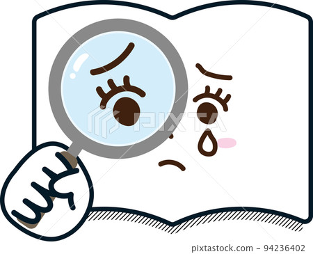 Magnifying glass book notebook dictionary textbook search sad cry search research female facial expression hand drawn 94236402