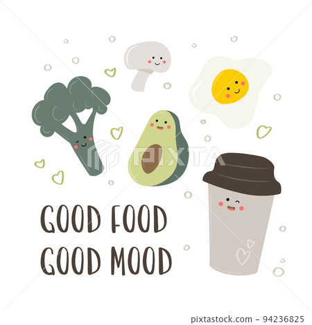 Set of cute healthy breakfast vector food. Card with text Set of cute healthy breakfast vector food. Card with text 94236825