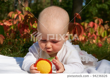 Little wonderful baby crawling on a blanket on a warm summer day in the park Little wonderful baby crawling on a blanket on a warm summer day in the park 94236826