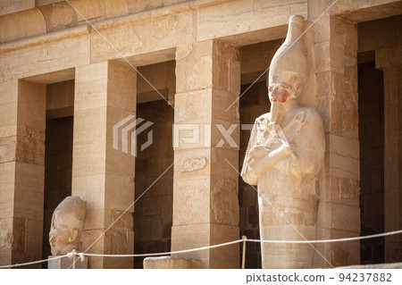 View of Hatshepsut's temple. Mortuary temple of the pharaoh of the Hatshepsut dynasty. Jeser-Jeseru is a masterpiece of ancient Egyptian architecture. The sanctuary is carved right into the rocks. 94237882