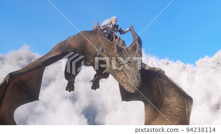 White haired female warrior knight flies on a dragon above the clouds.Fantasy artwork scene. CGI animation 3d rendering White haired female warrior knight flies on a dragon above the clouds.Fantasy artwork scene. CGI animation 3d rendering 94238114