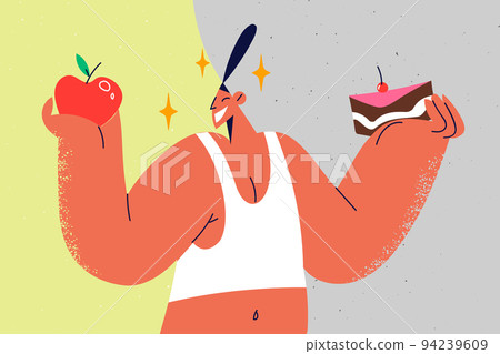 Smiling woman choose between cake and apple Smiling woman choose between cake and apple 94239609