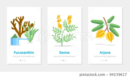 Vector design of onboarding screens with nutrition food supplements. Modern and simplified illustrations with plants. Template for mobile app Vector design of onboarding screens with nutrition food supplements. Modern and simplified illustrations with plants. Template for mobile app 94239617