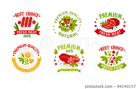 Premium Quality Food Badge with Fresh and Natural Product Ribbon Inscription Vector Set Premium Quality Food Badge with Fresh and Natural Product Ribbon Inscription Vector Set 94240157