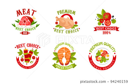 Premium Quality Food Badge with Fresh and Natural Product Ribbon Inscription Vector Set Premium Quality Food Badge with Fresh and Natural Product Ribbon Inscription Vector Set 94240159