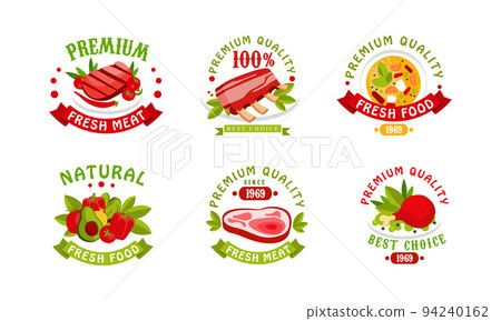 Premium Quality Food Badge with Fresh and Natural Product Ribbon Inscription Vector Set Premium Quality Food Badge with Fresh and Natural Product Ribbon Inscription Vector Set 94240162