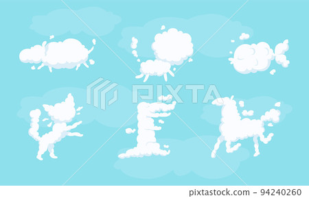 White Shaped Animal Fluffy Clouds Floating and Scudding Across Blue Sky Vector Set White Shaped Animal Fluffy Clouds Floating and Scudding Across Blue Sky Vector Set 94240260