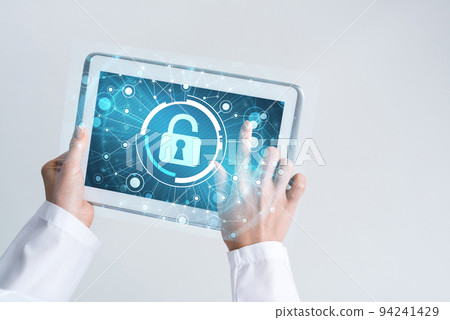 Close of female doctor hands working with tablet pc computer 94241429